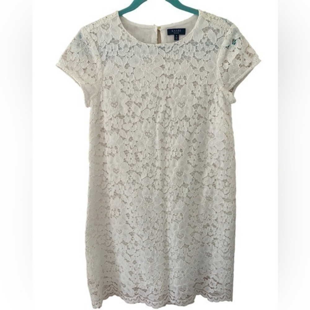 Kaari Blue Shift Dress cotton blend floral White Lace Women's Size 4